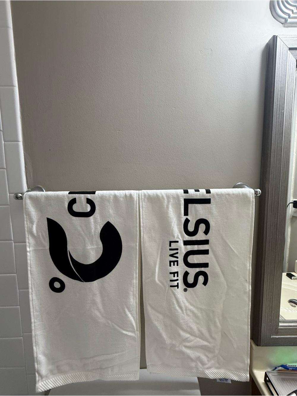 Celsius Beach White Cotton Bath Towels with Black Logo - Set of 2